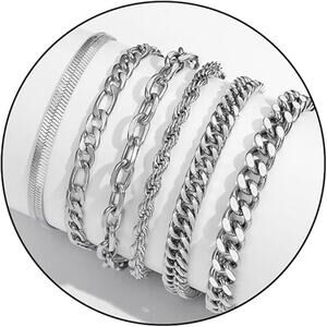 Zocomi 6 Pcs Stainless Steel Chain 8.3 inches  Bracelet for Men - Silver
